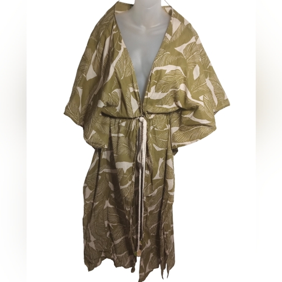 True Destinations Leaf Print Cinched Waist Robe Duster Rope Belt Kimono Size M - Picture 1 of 4